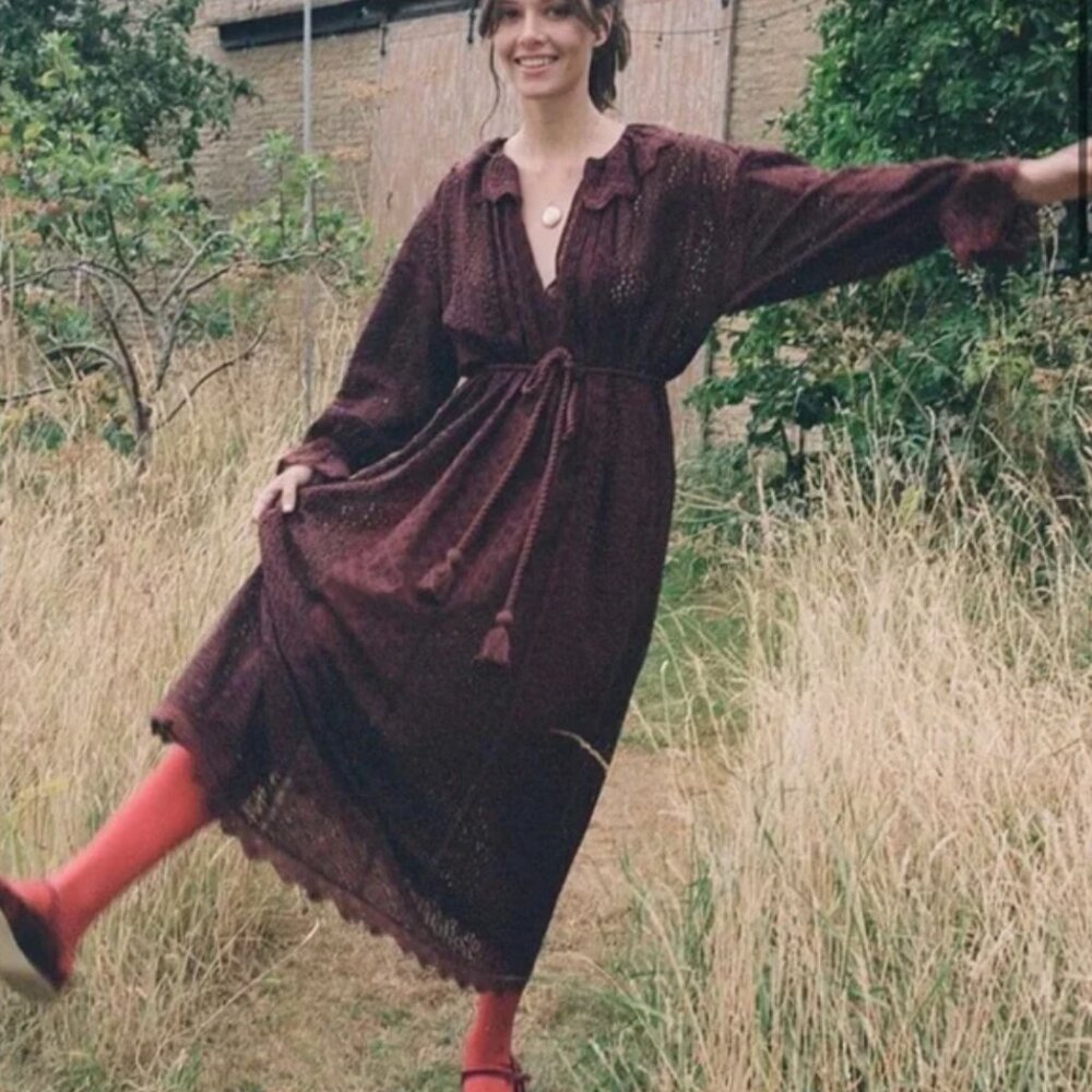 DOEN Women's Persephone Belted Broderie Anglaise Cotton Maxi in Walnut Burgundy